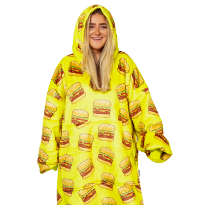 Gele Hoodie Deken met Hamburgerprint en Sherpa