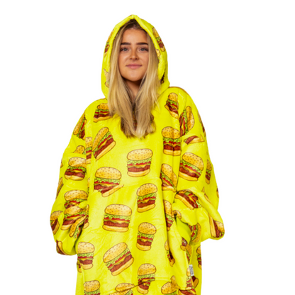 Gele Hoodie Deken met Hamburgerprint en Sherpa