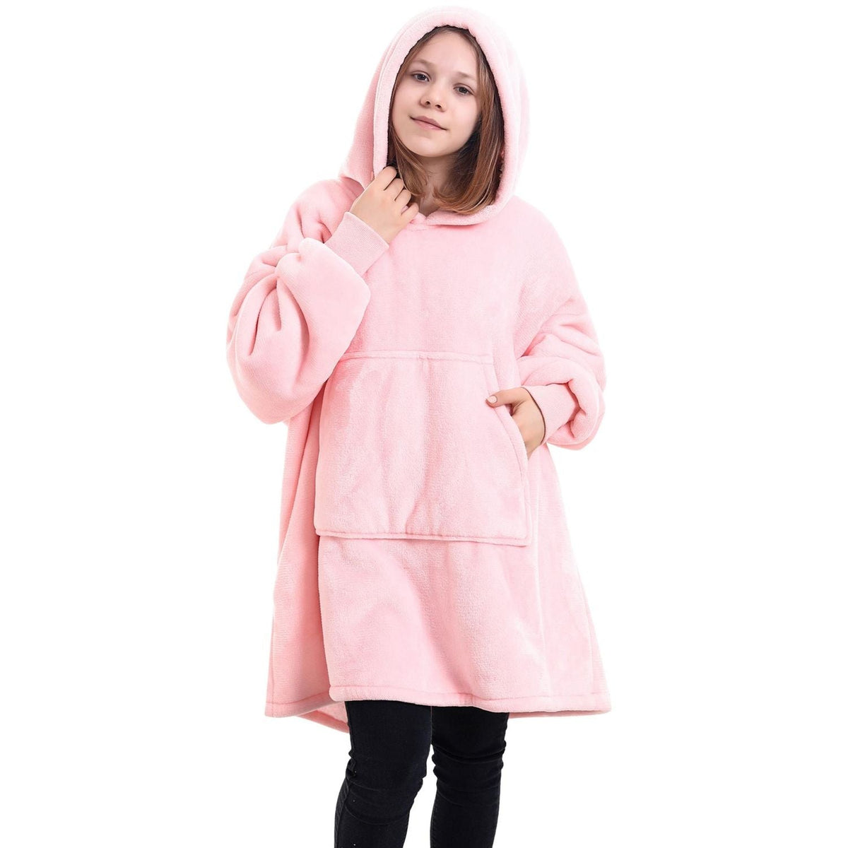 Roze Kinder Hoodie Deken met Sherpavoering en Buikzak