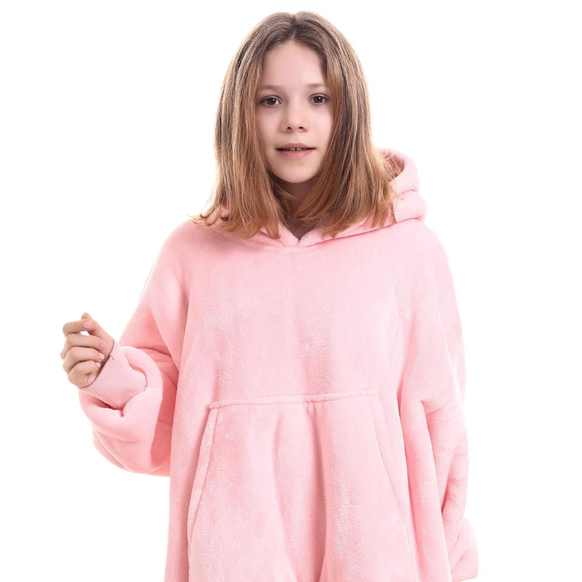 Roze Kinder Hoodie Deken met Sherpavoering en Buikzak