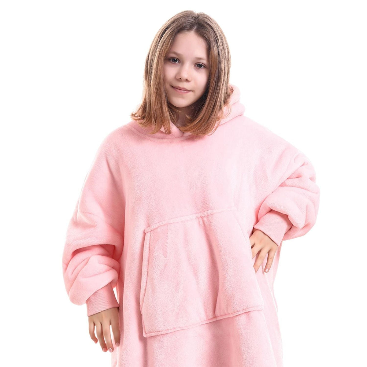 Roze Kinder Hoodie Deken met Sherpavoering en Buikzak