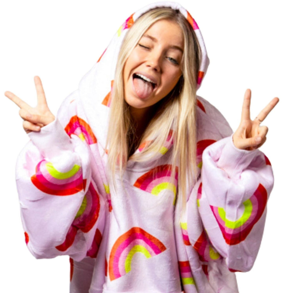 Lila Hoodie Deken met Regenboogprint en Sherpa
