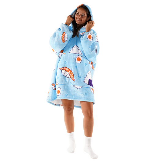 Lichtblauwe Hoodie Deken met Sushiprint en Sherpa