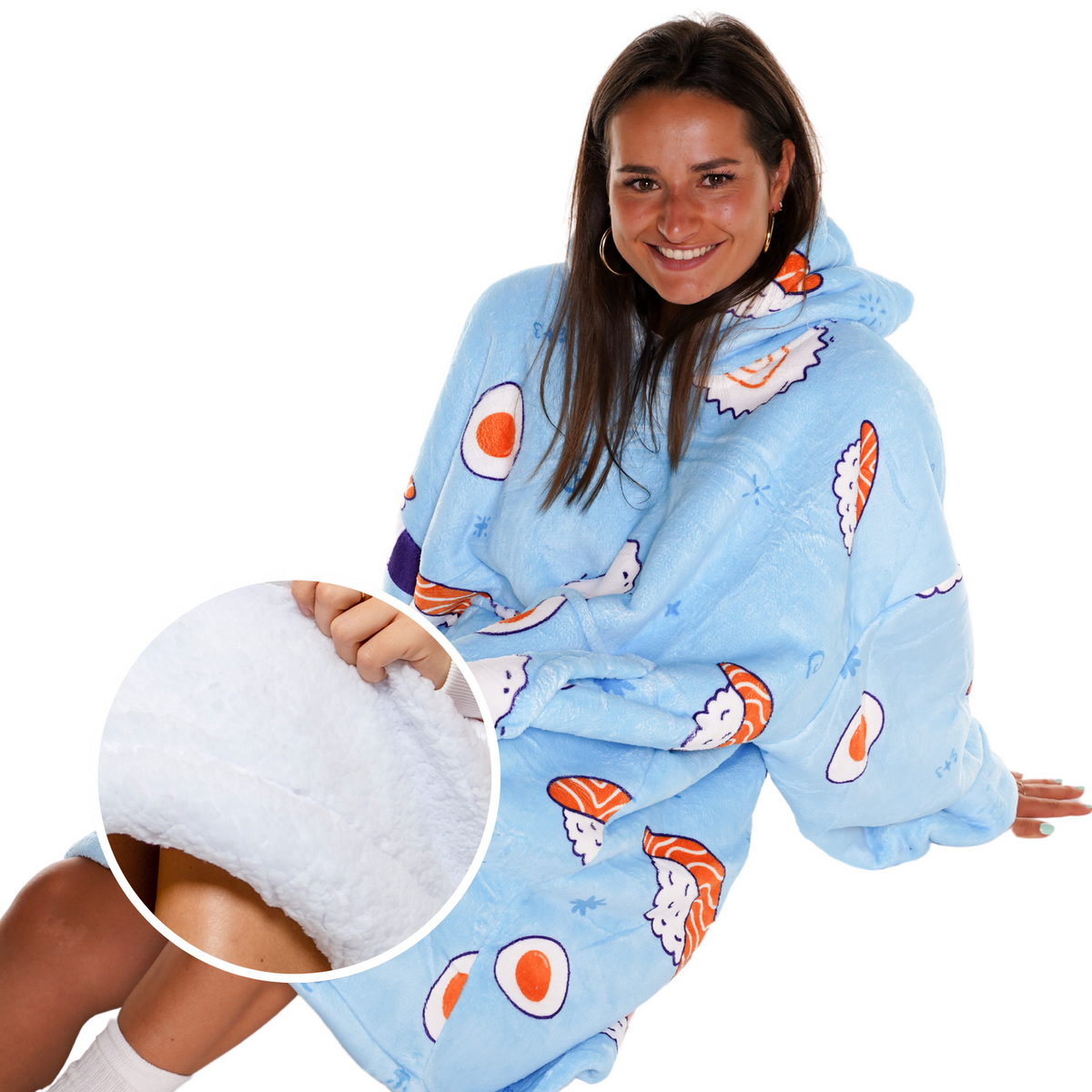 Lichtblauwe Hoodie Deken met Sushiprint en Sherpa