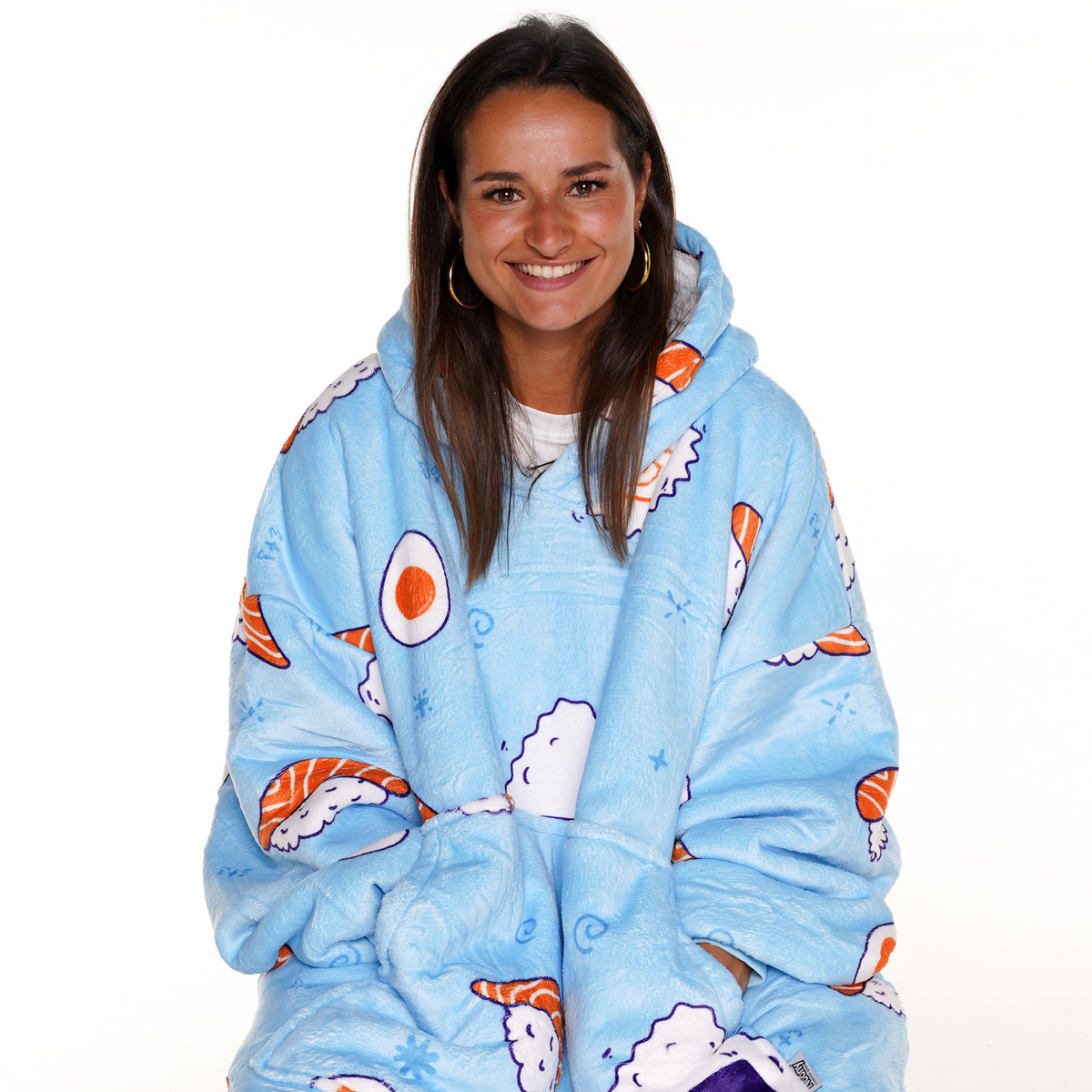 Lichtblauwe Hoodie Deken met Sushiprint en Sherpa