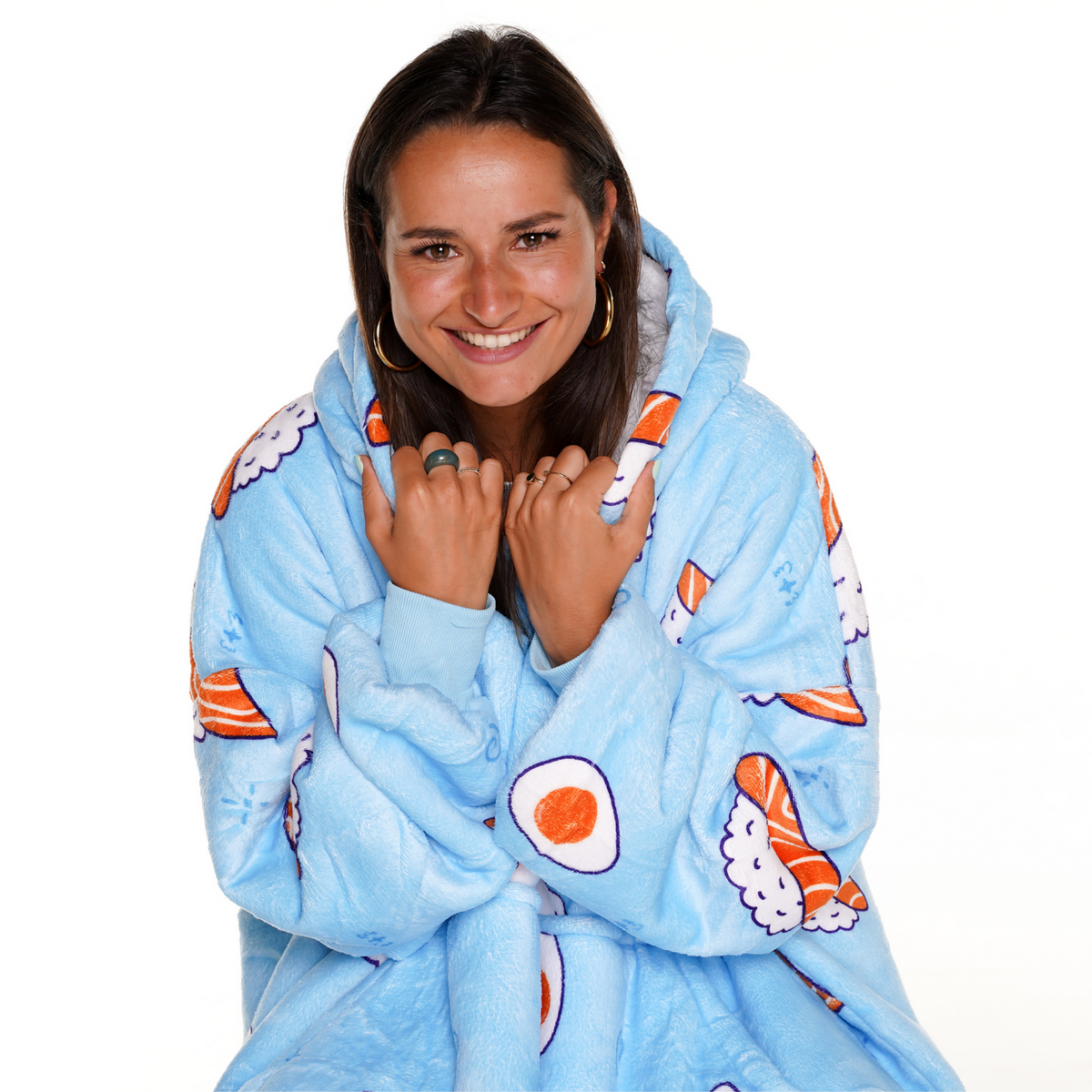 Lichtblauwe Hoodie Deken met Sushiprint en Sherpa
