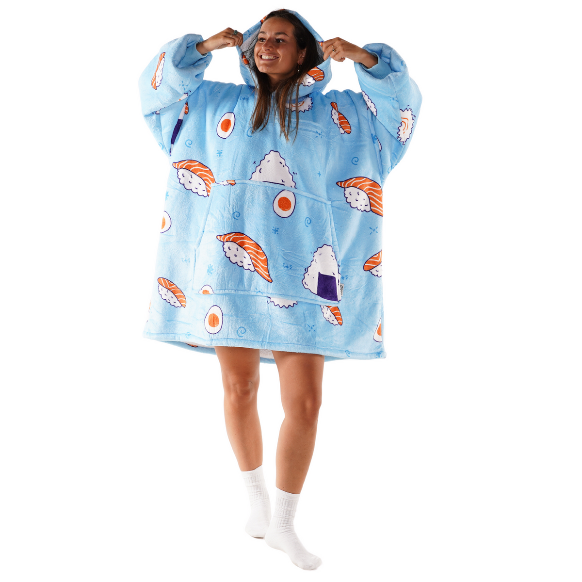 Lichtblauwe Hoodie Deken met Sushiprint en Sherpa