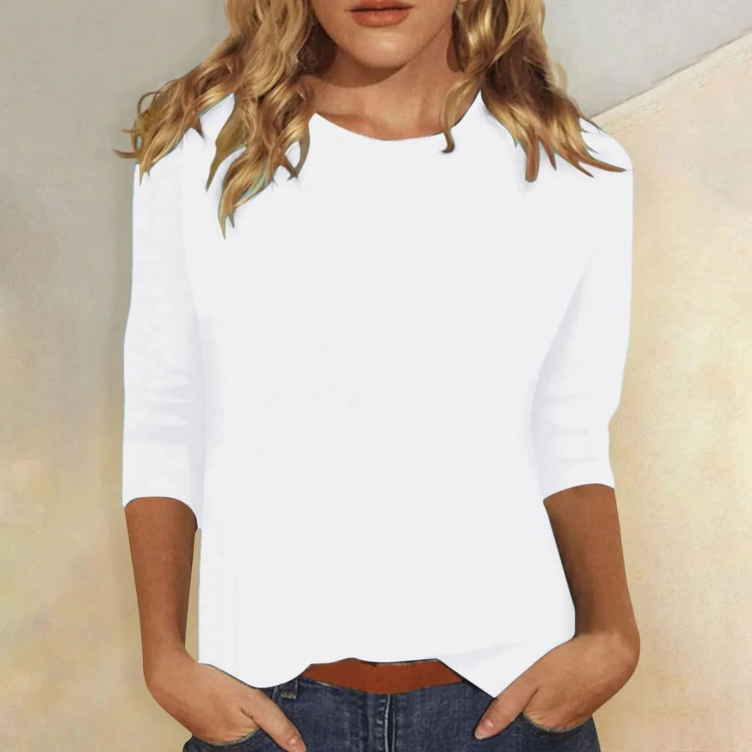 Dames top 3/4 mouw wit - crew neck everyday top voorkant