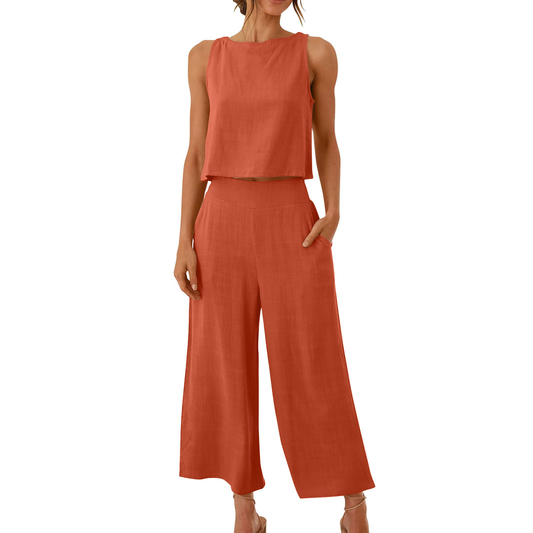Tweedelige set dames linnenlook - top en wijde broek