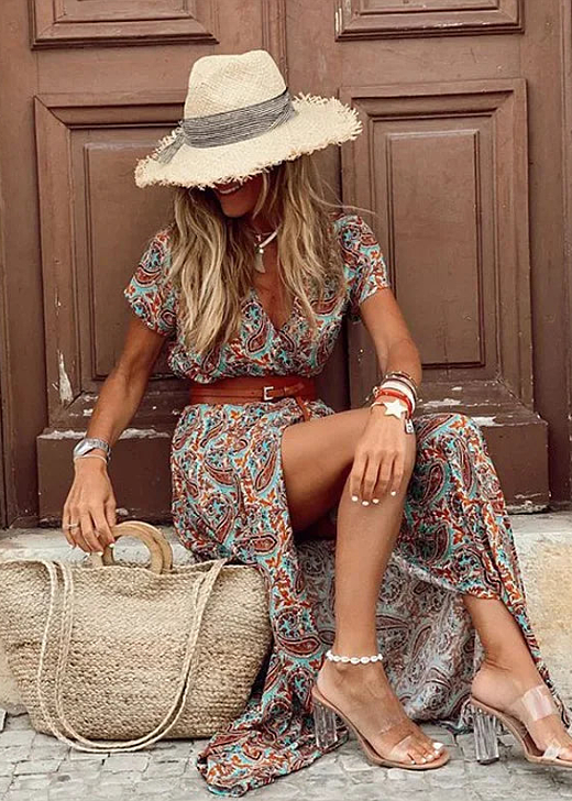 Luchtige boho maxi jurk dames met ceintuur - vrouwelijke lange zomerjurk