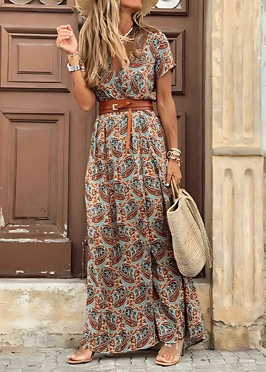 Luchtige boho maxi jurk dames met ceintuur - vrouwelijke lange zomerjurk