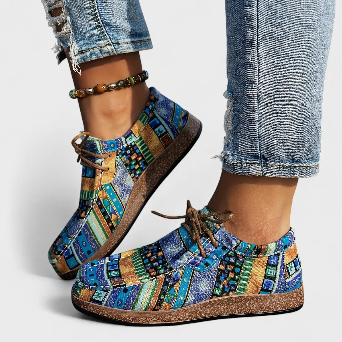 Sneakers dames met patchworkprint in blauw