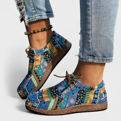 Sneakers dames met patchworkprint in blauw