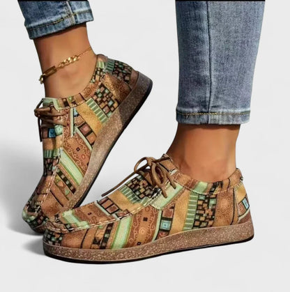 Sneakers dames met patchworkprint in khaki