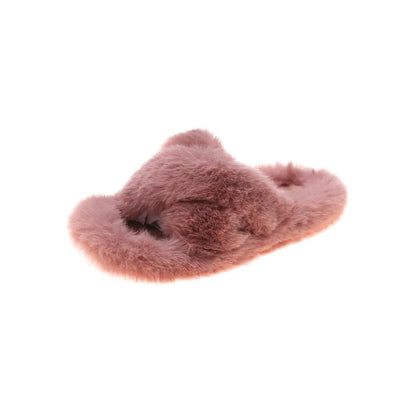 Slippers met gekruiste banden van imitatiebont, open teen en platte zool - oudroze