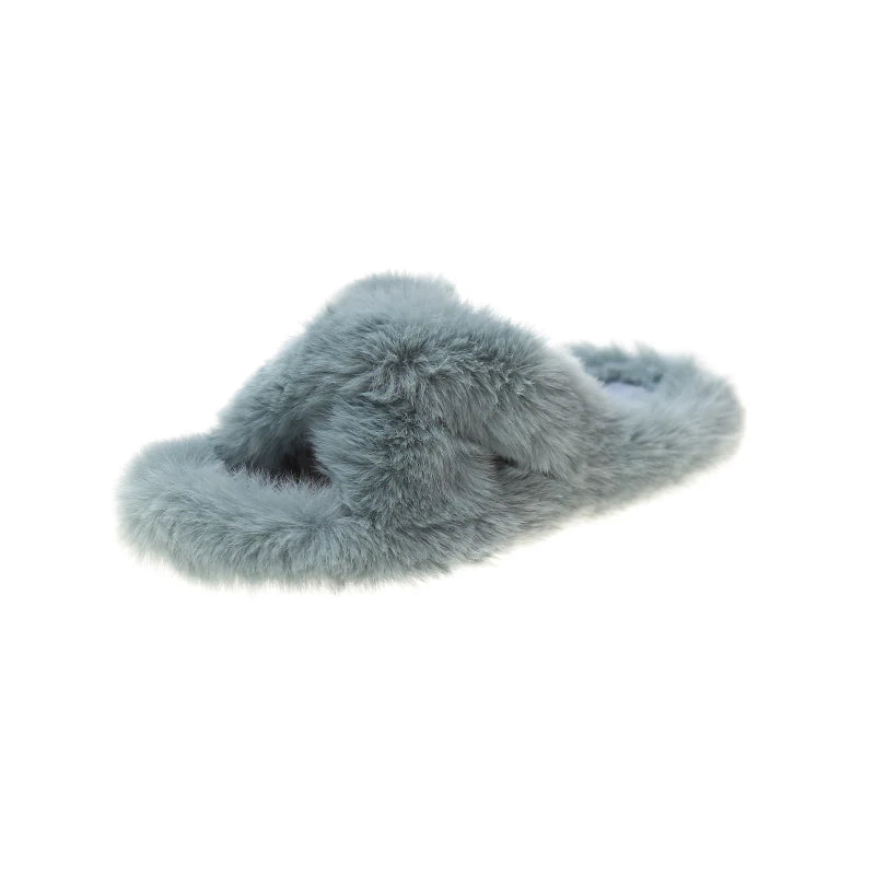 Slippers met gekruiste banden van imitatiebont, open teen en platte zool - lichtblauw