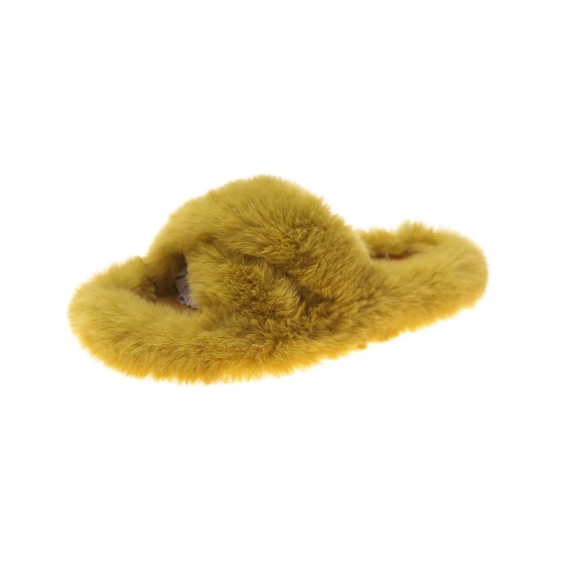 Slippers met gekruiste banden van imitatiebont, open teen en platte zool - mosterdgeel