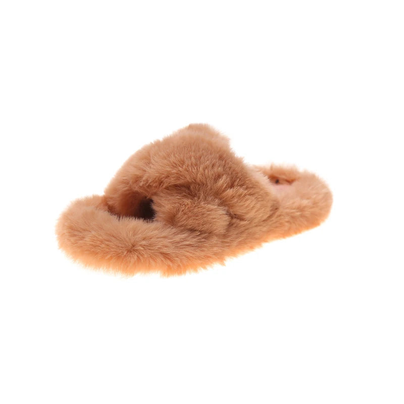 Slippers met gekruiste banden van imitatiebont, open teen en platte zool - karamel