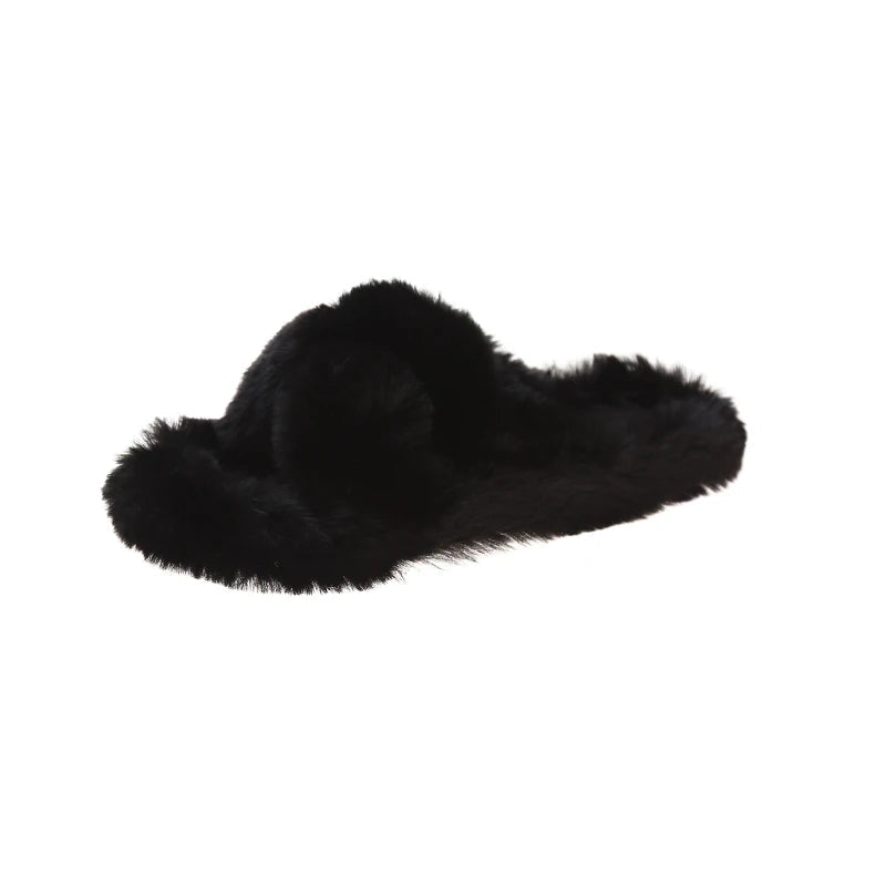 Slippers met gekruiste banden van imitatiebont, open teen en platte zool - zwart