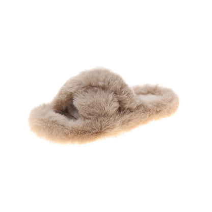 Slippers met gekruiste banden van imitatiebont, open teen en platte zool - taupe