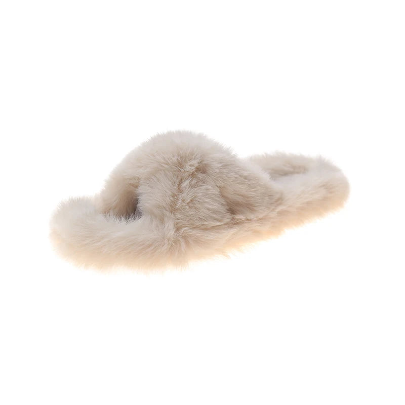 Slippers met gekruiste banden van imitatiebont, open teen en platte zool - crème