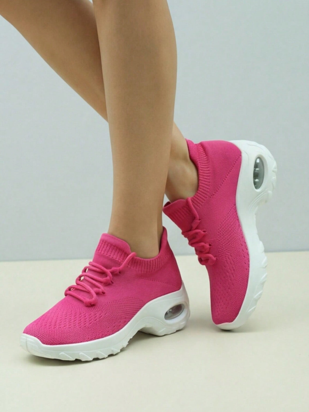 Instap sneakers voor dames met gebreide schacht, sierveters en dikke zool met zichtbare luchtkamer - beeld 13