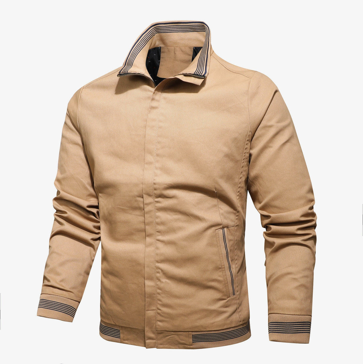 Katoenen herenjack met opstaande kraag en gestreepte boorden - beige