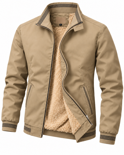 Katoenen herenjack met opstaande kraag en gestreepte boorden - beige met fleecevoering