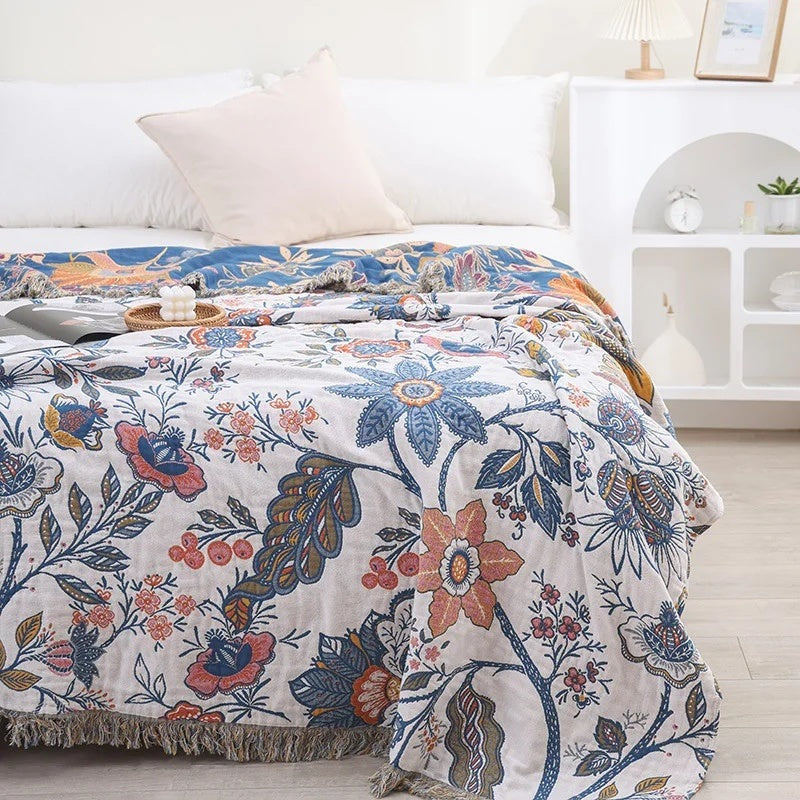Katoenen jacquard plaid met bloemenmotief en franjes over de bank - beeld 2
