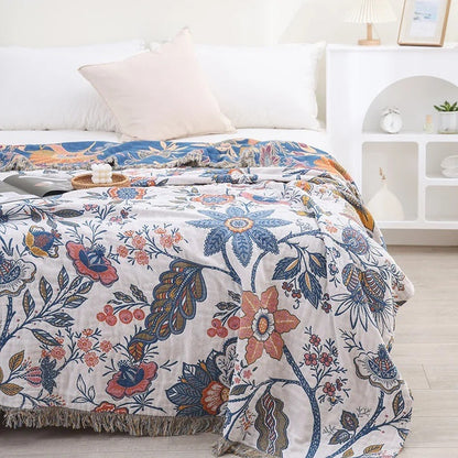 Katoenen jacquard plaid met bloemenmotief en franjes over de bank - beeld 2