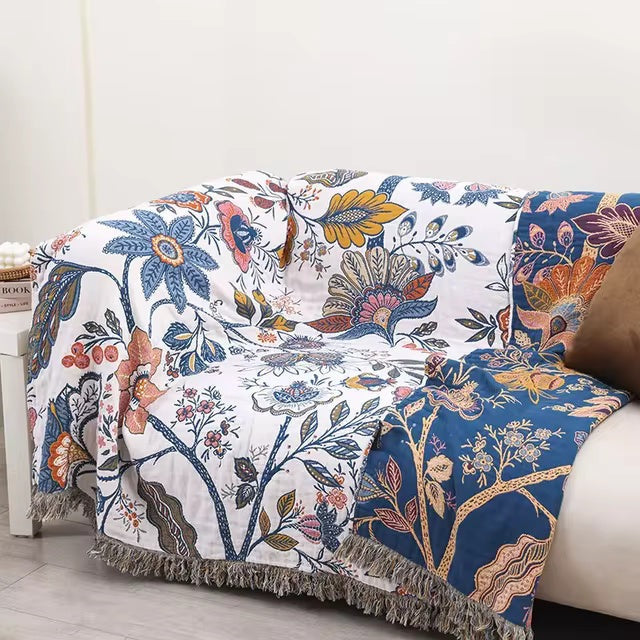 Katoenen jacquard plaid met bloemenmotief en franjes over de bank - beeld 3