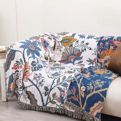 Katoenen jacquard plaid met bloemenmotief en franjes over de bank - beeld 3