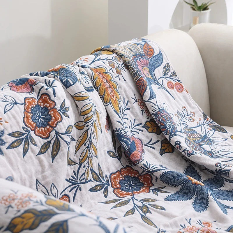Katoenen jacquard plaid met bloemenmotief en franjes over de bank - beeld 4