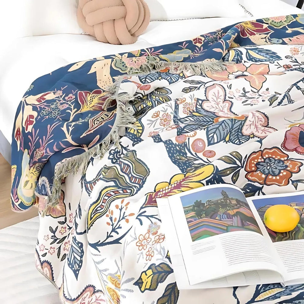 Katoenen jacquard plaid met bloemenmotief en franjes over de bank - beeld 5