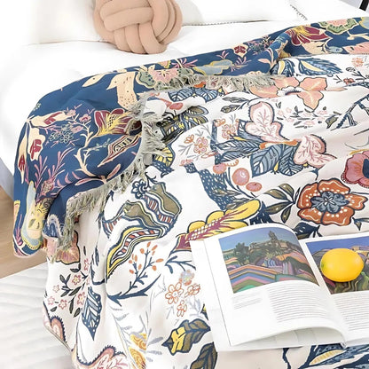Katoenen jacquard plaid met bloemenmotief en franjes over de bank - beeld 5