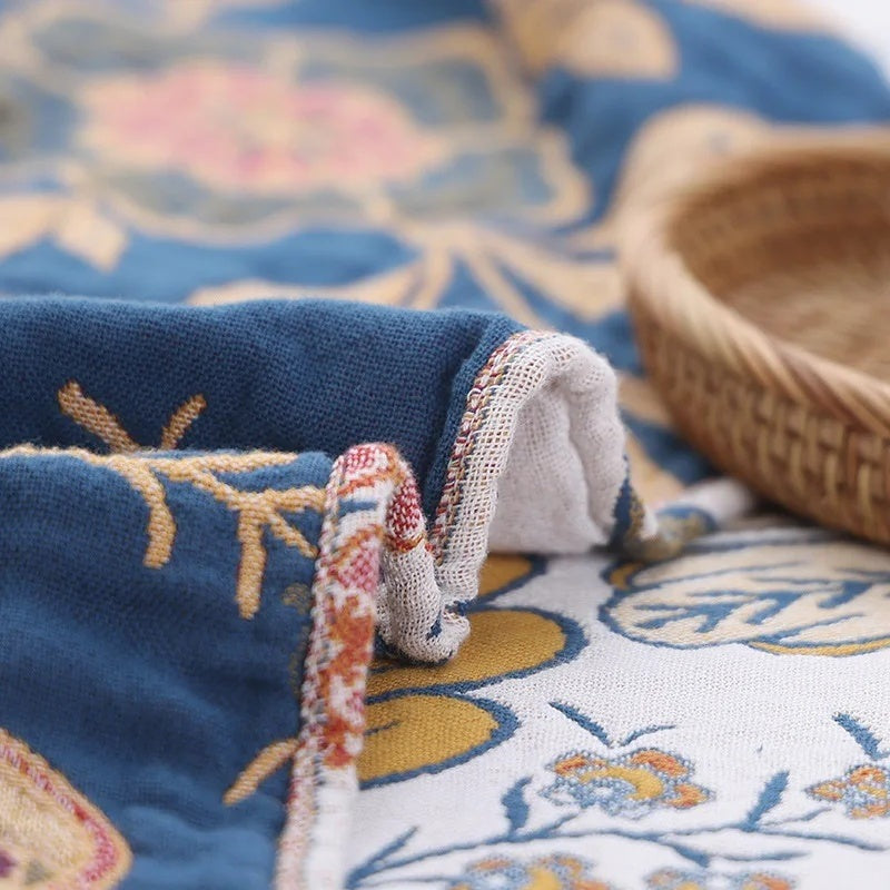 Katoenen jacquard plaid met bloemenmotief en franjes over de bank - beeld 7