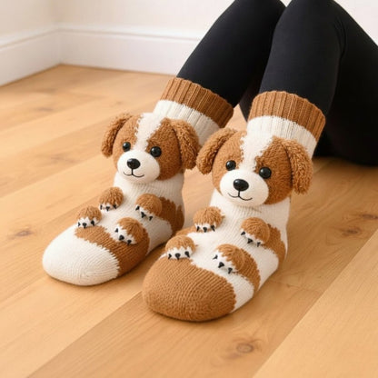 Sokken met een gebreid 3D-dierenkopje met oortjes en pootjes op de voet - honden