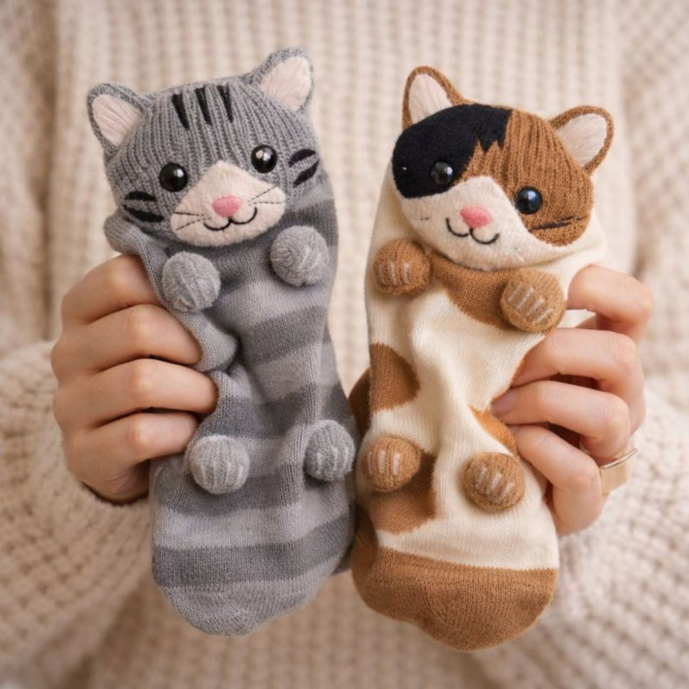 Sokken met een gebreid 3D-dierenkopje met oortjes en pootjes op de voet - katten