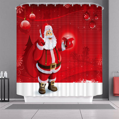 Stoffen kerstdouchegordijn van 180 x 180 cm met kerstprint in een badkamer - kerstman op rood
