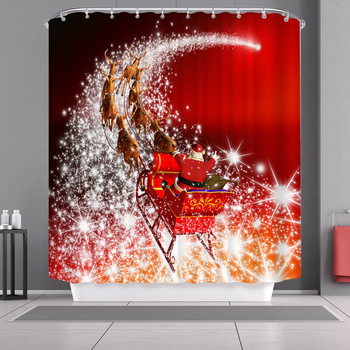 Stoffen kerstdouchegordijn van 180 x 180 cm met kerstprint in een badkamer - arrenslee met sterrenspoor