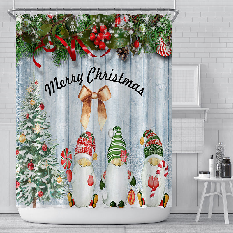 Stoffen kerstdouchegordijn van 180 x 180 cm met kerstprint in een badkamer - kabouters met merry christmas