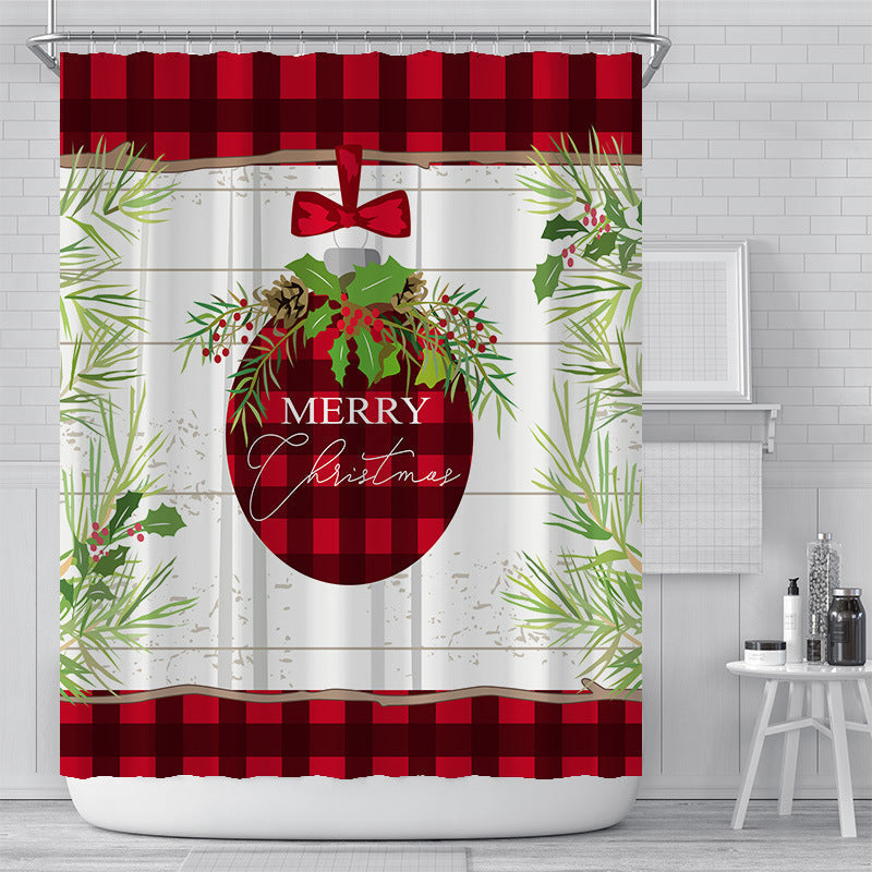 Stoffen kerstdouchegordijn van 180 x 180 cm met kerstprint in een badkamer - kerstbal met geruite rand