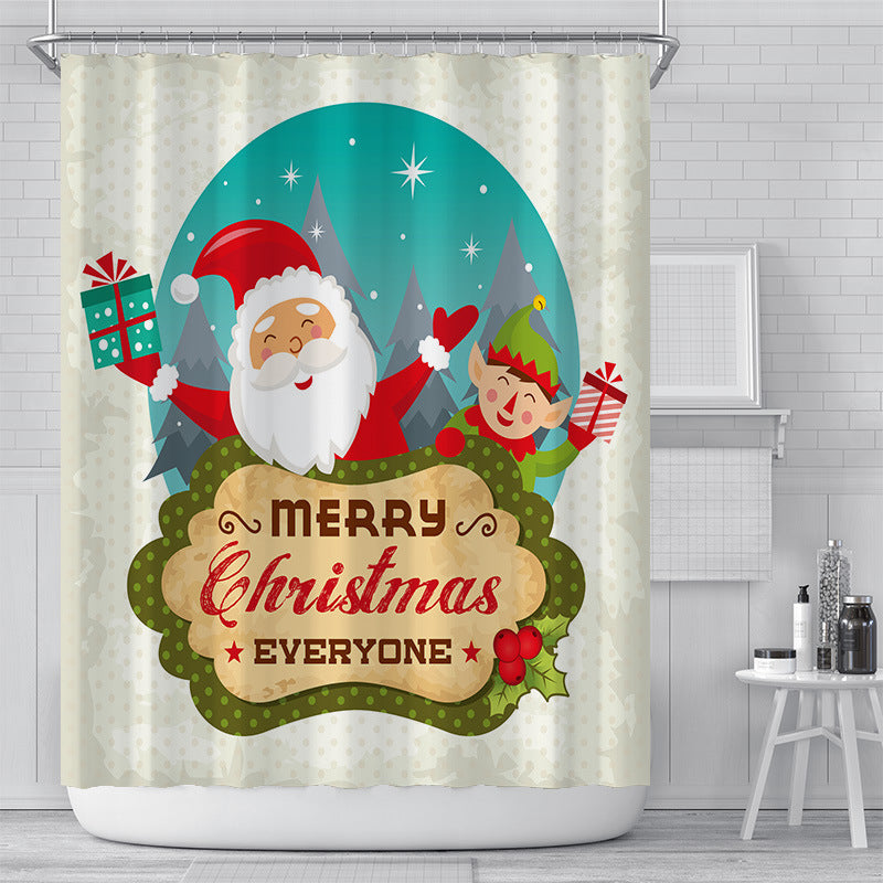 Stoffen kerstdouchegordijn van 180 x 180 cm met kerstprint in een badkamer - kerstman en elf met merry christmas