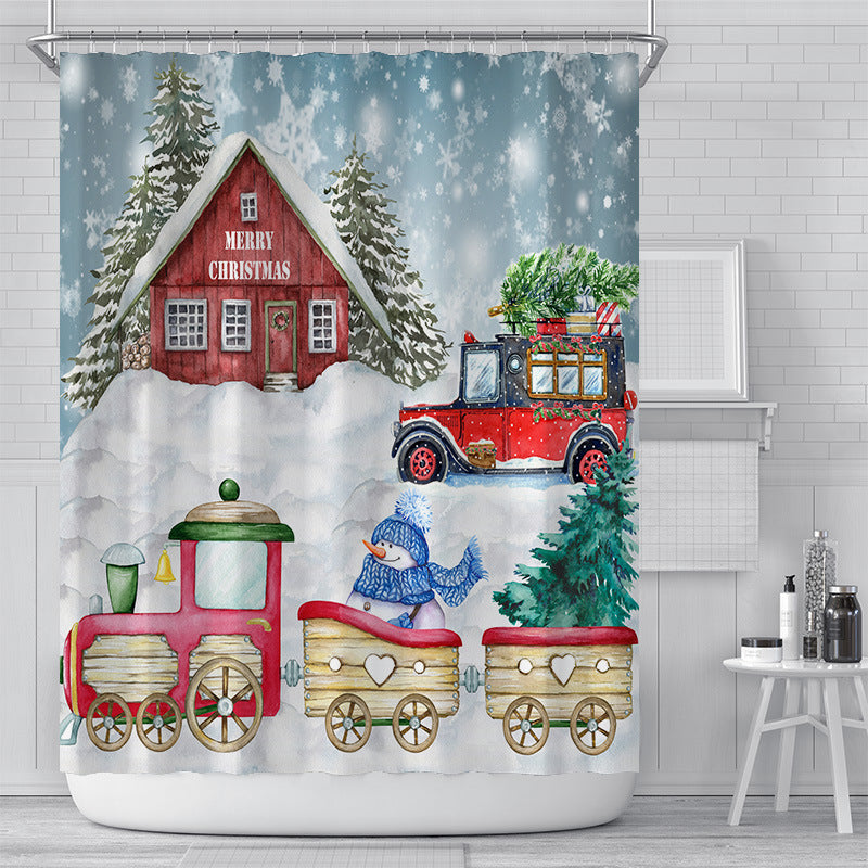 Stoffen kerstdouchegordijn van 180 x 180 cm met kerstprint in een badkamer - kersthuisje met treintje