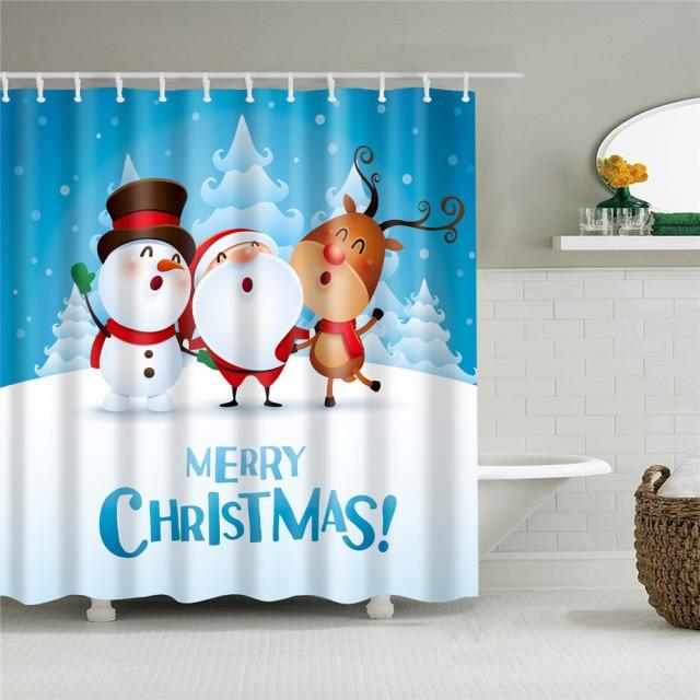 Stoffen kerstdouchegordijn van 180 x 180 cm met kerstprint in een badkamer - sneeuwpop, kerstman en rendier