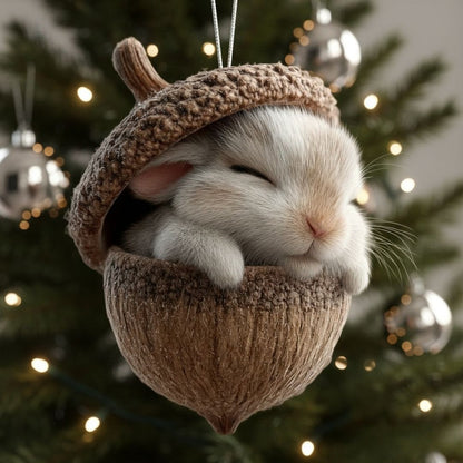 Platte kersthanger van acryl met een print van een slapend diertje in een eikel, in de kerstboom - konijn