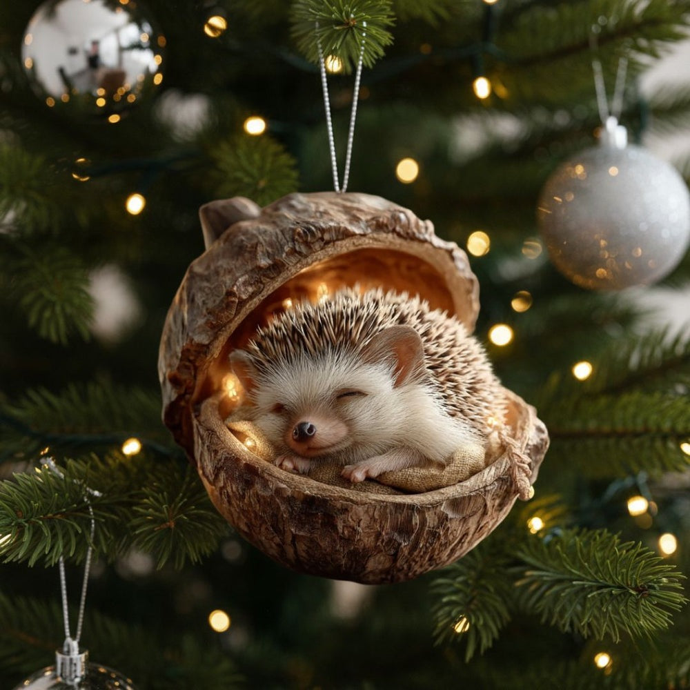 Platte kersthanger van acryl met een print van een slapend diertje in een eikel, in de kerstboom - egel