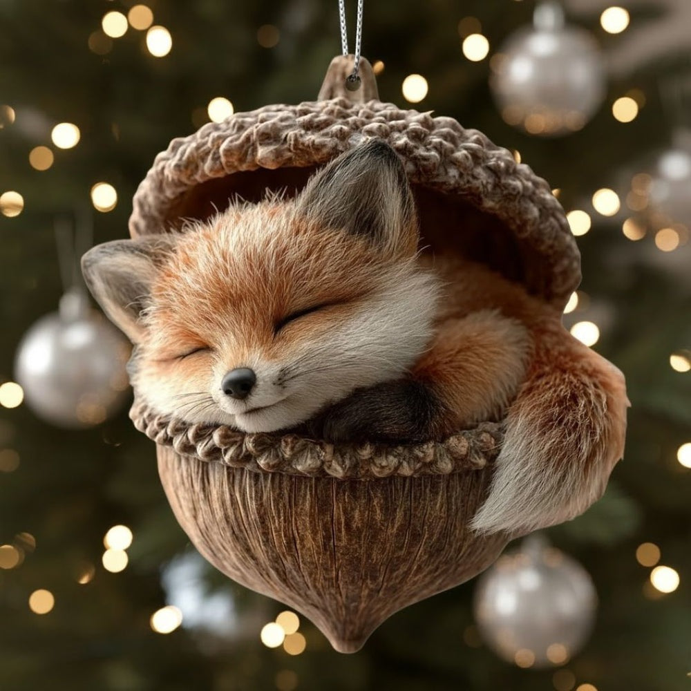 Platte kersthanger van acryl met een print van een slapend diertje in een eikel, in de kerstboom - vos