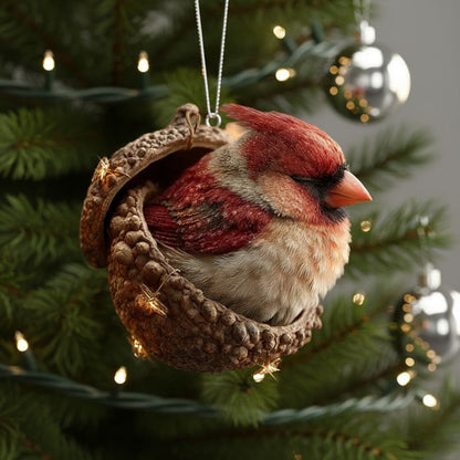 Platte kersthanger van acryl met een print van een slapend diertje in een eikel, in de kerstboom - vogel