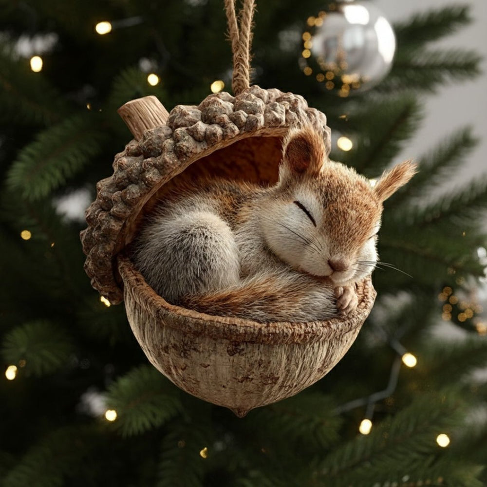 Platte kersthanger van acryl met een print van een slapend diertje in een eikel, in de kerstboom - eekhoorn